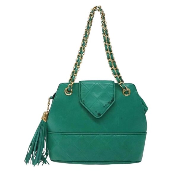 CHANEL Chain Hand Bag Lamb Skin Green Gold CC - Picture 2 of 15